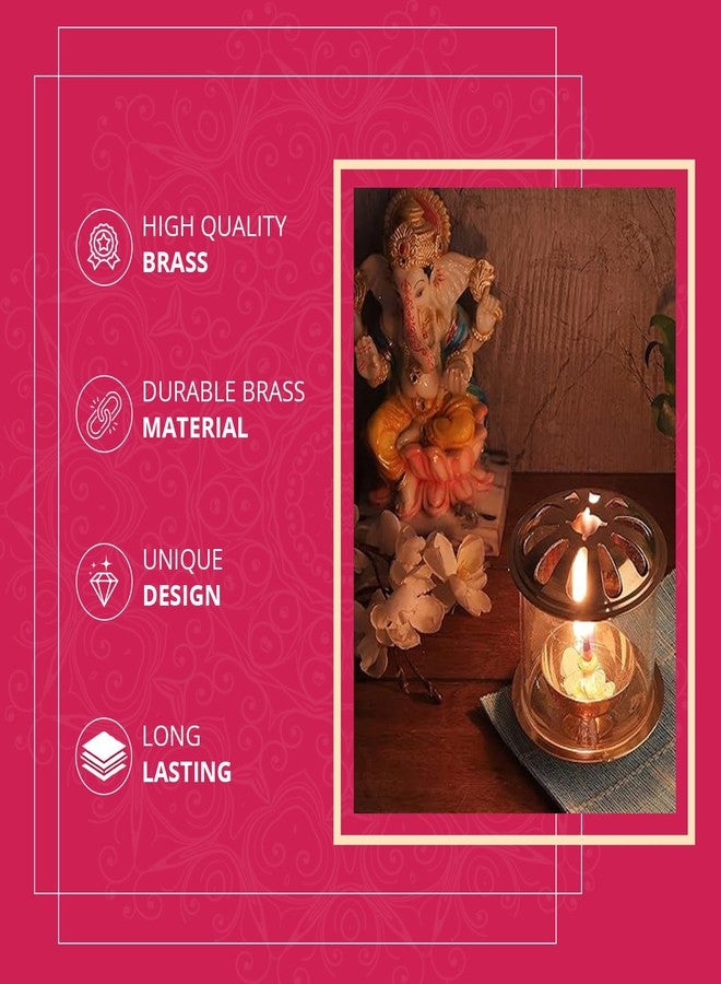 كلاسيك مصباح زيتي كلاسيكي من النحاس الأصفر والزجاج مع غطاء من زجاج البوروسيليكات للمعبد، مصباح زيتي مزخرف من النحاس الأصفر والزجاج مع غطاء زجاجي للصلاة، مصباح زيتي أسطواني من النحاس الأصفر والبوروسيليكات (عبوة من قطعة واحدة) - Image 5